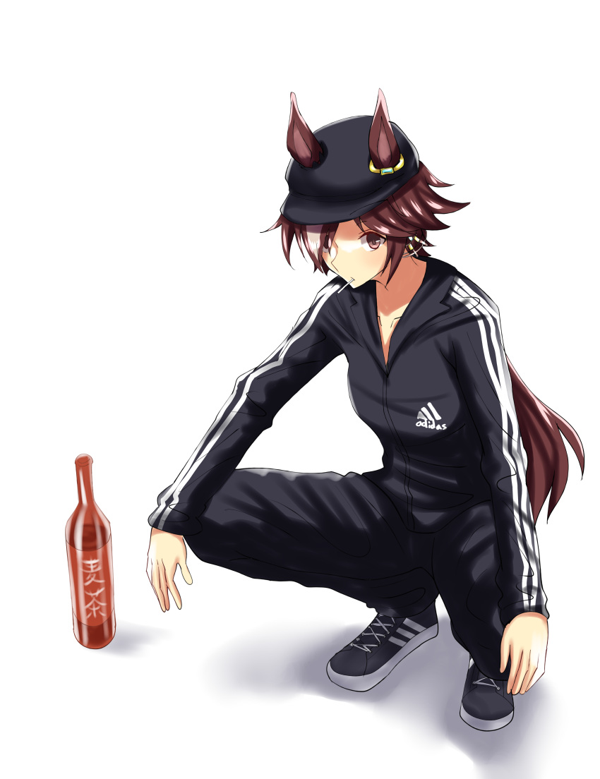 1girl, absurdres, adidas, alternate_costume, animal_ears, black_footwear, black_hat, black_jacket