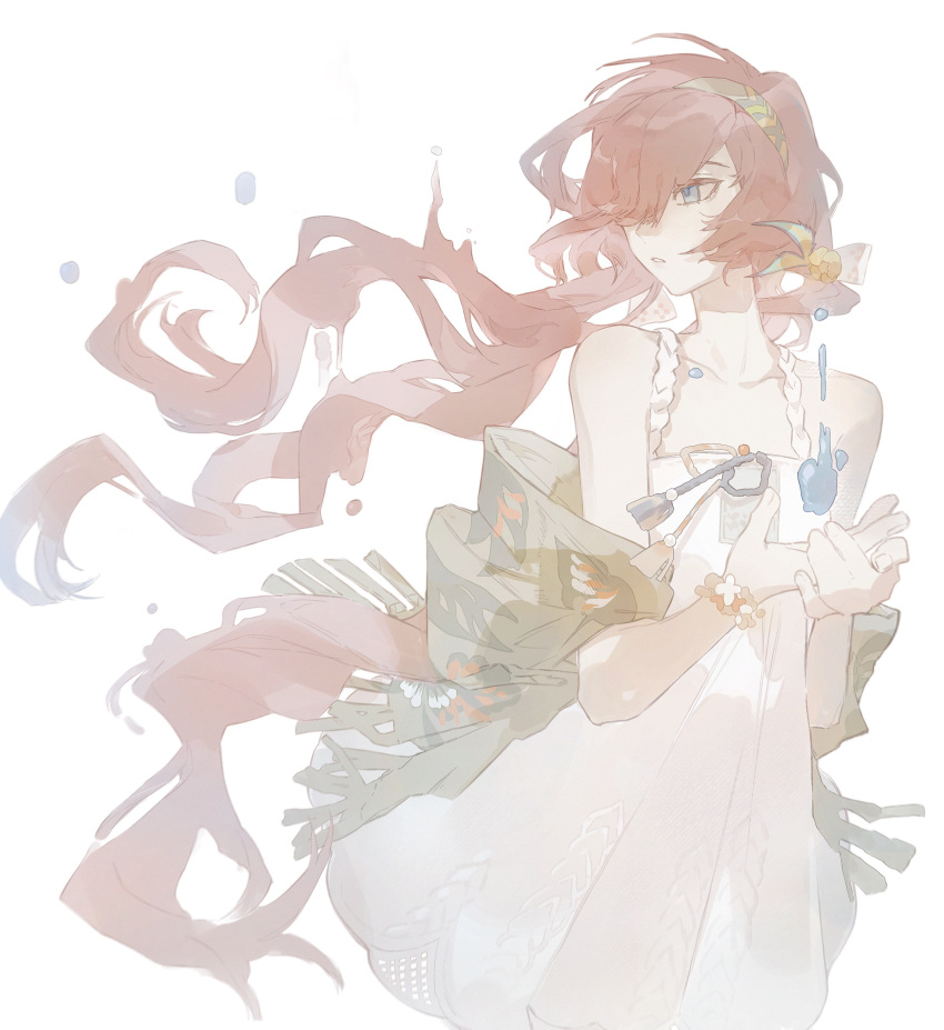 1girl, absurdres, blue_eyes, capelet, dress, floating_hair, green_capelet, hair_over_one_eye