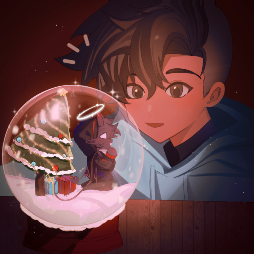 2boys, animification, badboyhalo, black_skin, brown_eyes, chinese_commentary, christmas, christmas_tree