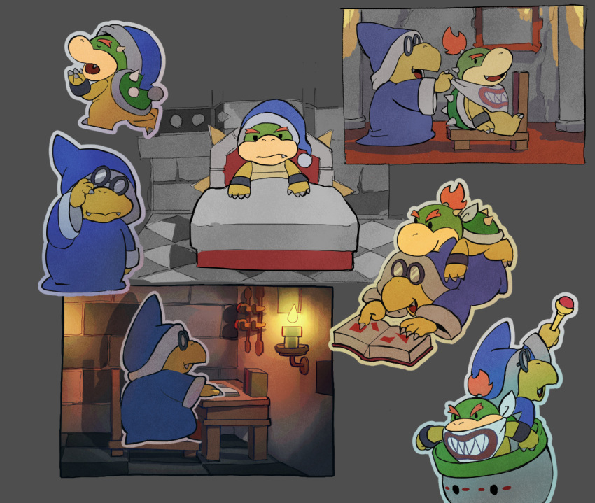 2boys, age_difference, beak, black-framed_eyewear, black_eyes, black_wrist_cuffs, blue_hat, blue_robe