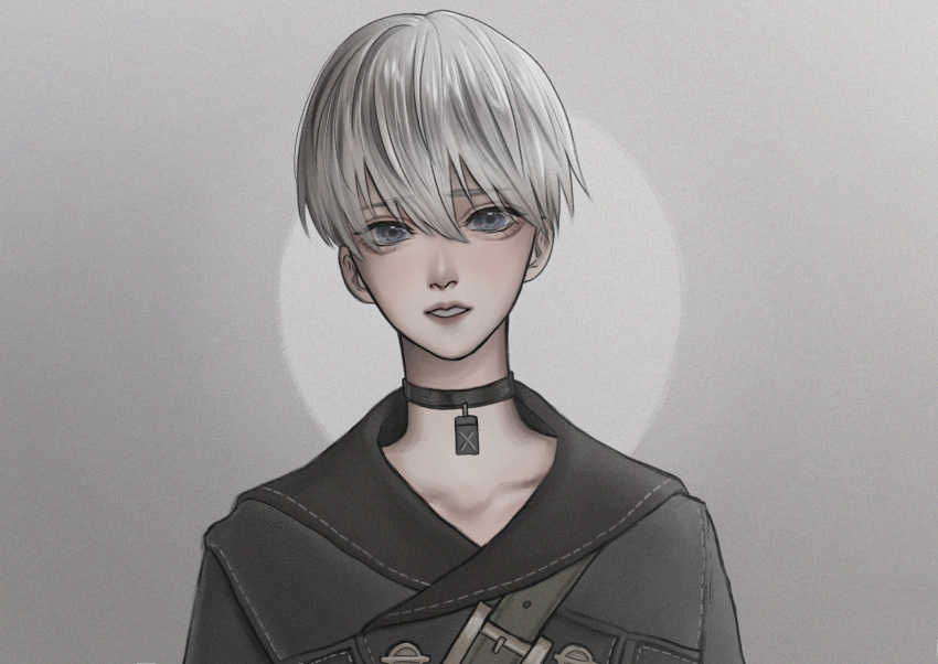 1boy, 9s_(nier:automata), belt, black_choker, black_jacket, choker, grey_background, grey_eyes