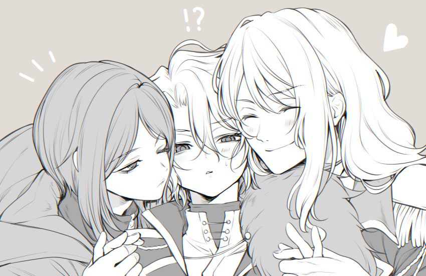 !?, 1boy, 2girls, bari_(project_moon), blush, closed_eyes, closed_mouth, don_quixote_(project_moon)