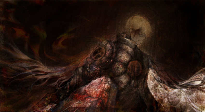 1boy, armor, blonde_hair, blood, blood_on_armor, blood_on_clothes, blood_on_face, cape