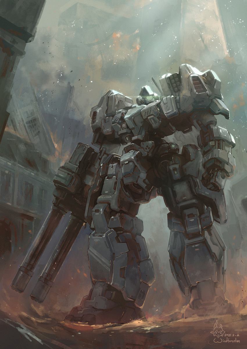 arms_at_sides, artist_name, building, chinese_commentary, clenched_hand, commentary, dated, full_body, gatling_gun, gundam, gundam_wing, gundam_wing:_endless_waltz, highres, holding, holding_weapon, light_particles, light_rays, mecha, mecha_focus, missile_pod, mobile_suit, no_humans, radio_antenna, robot, ruins, science_fiction, serpent_(mobile_suit), solo, standing, sunbeam, sunlight, weapon, windforcelan