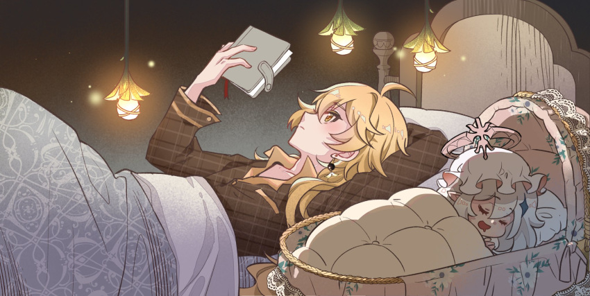 1boy, 1girl, aether_(genshin_impact), ahoge, bed, blanket, blonde_hair, book