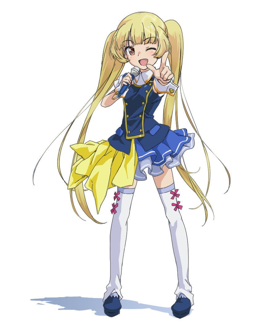 1girl, ;d, akb0048, blonde_hair, blue_dress, blue_footwear, blue_skirt, blue_vest