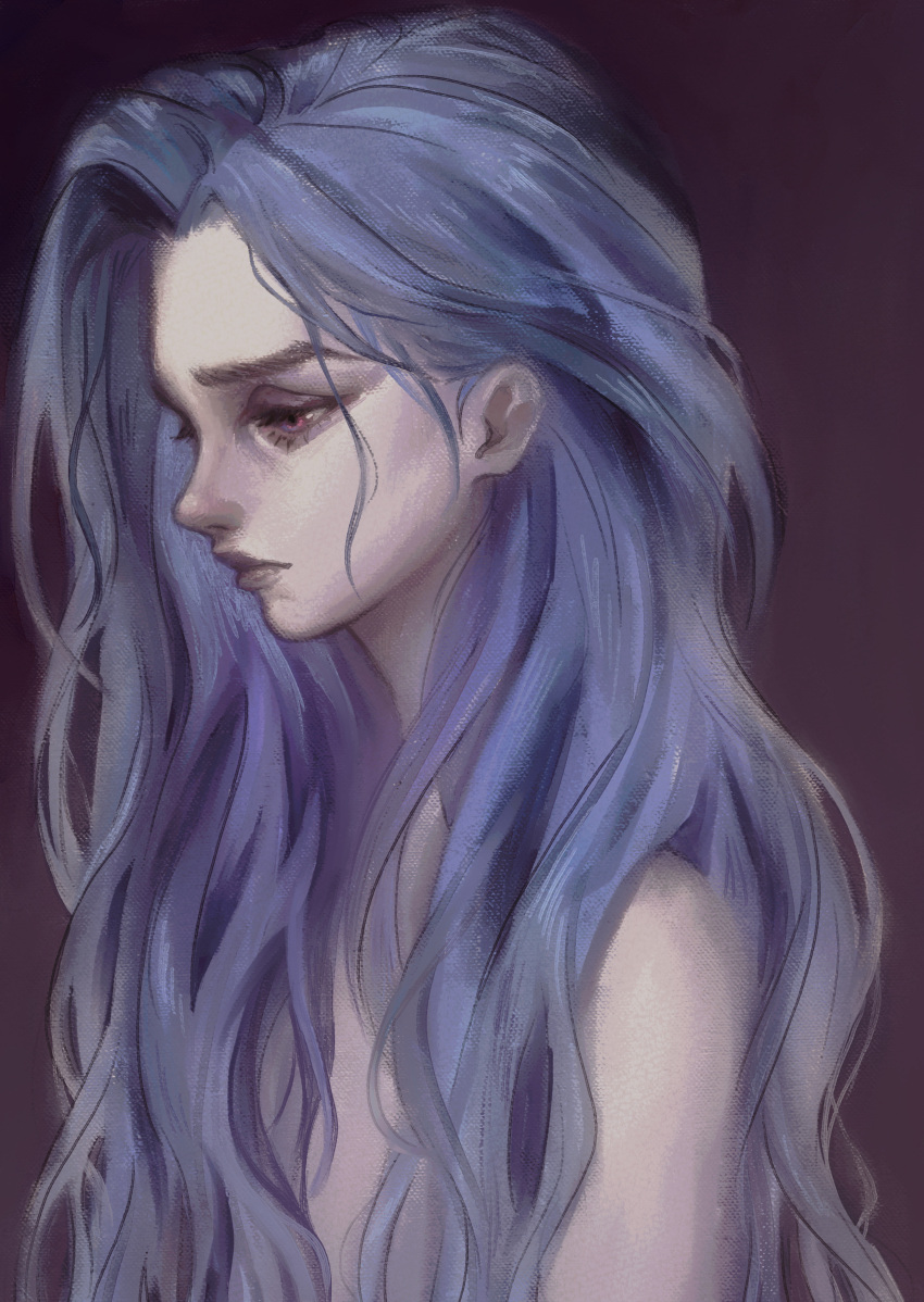 1girl, absurdres, alternate_hairstyle, arcane:_league_of_legends, blue_hair, highres, jinx_(league_of_legends), league_of_legends, long_hair, mina_(minalaifey), pale_skin, purple_background, solo, upper_body, violet_eyes