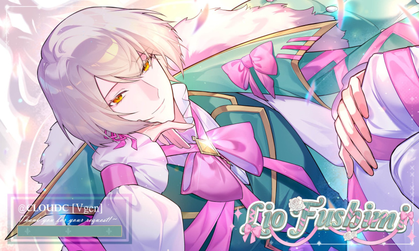 1boy, bond_en, bondlive, bow, character_name, closed_mouth, cloudc, coat, commentary, commission, english_commentary, flower, green_coat, green_vest, grey_hair, highres, lapels, lio_fushimi, male_focus, notched_lapels, pants, pink_bow, second-party_source, shirt, smile, solo, thank_you, twitter_username, vest, vgen_commission, virtual_youtuber, white_flower, white_pants, white_shirt, yellow_eyes
