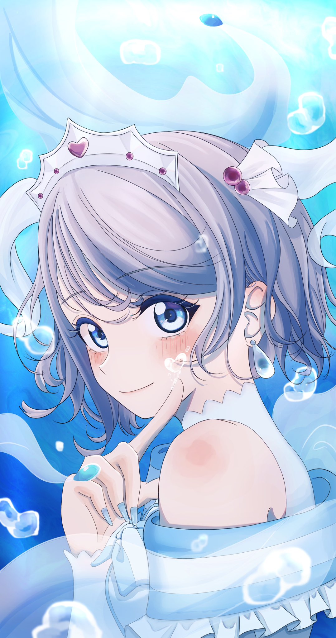 1girl, bare_shoulders, blue_eyes, blush, breasts, brown_hair, bubble, dress