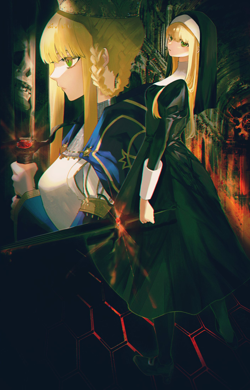 2girls, beatmania_(series), beatmania_iidx, bemani, black_dress, blonde_hair, blue_cape, braid