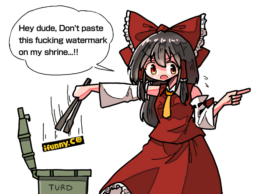 1girl, alternate_neckwear, bow, brown_hair, commentary, cowboy_shot, detached_sleeves, english_text
