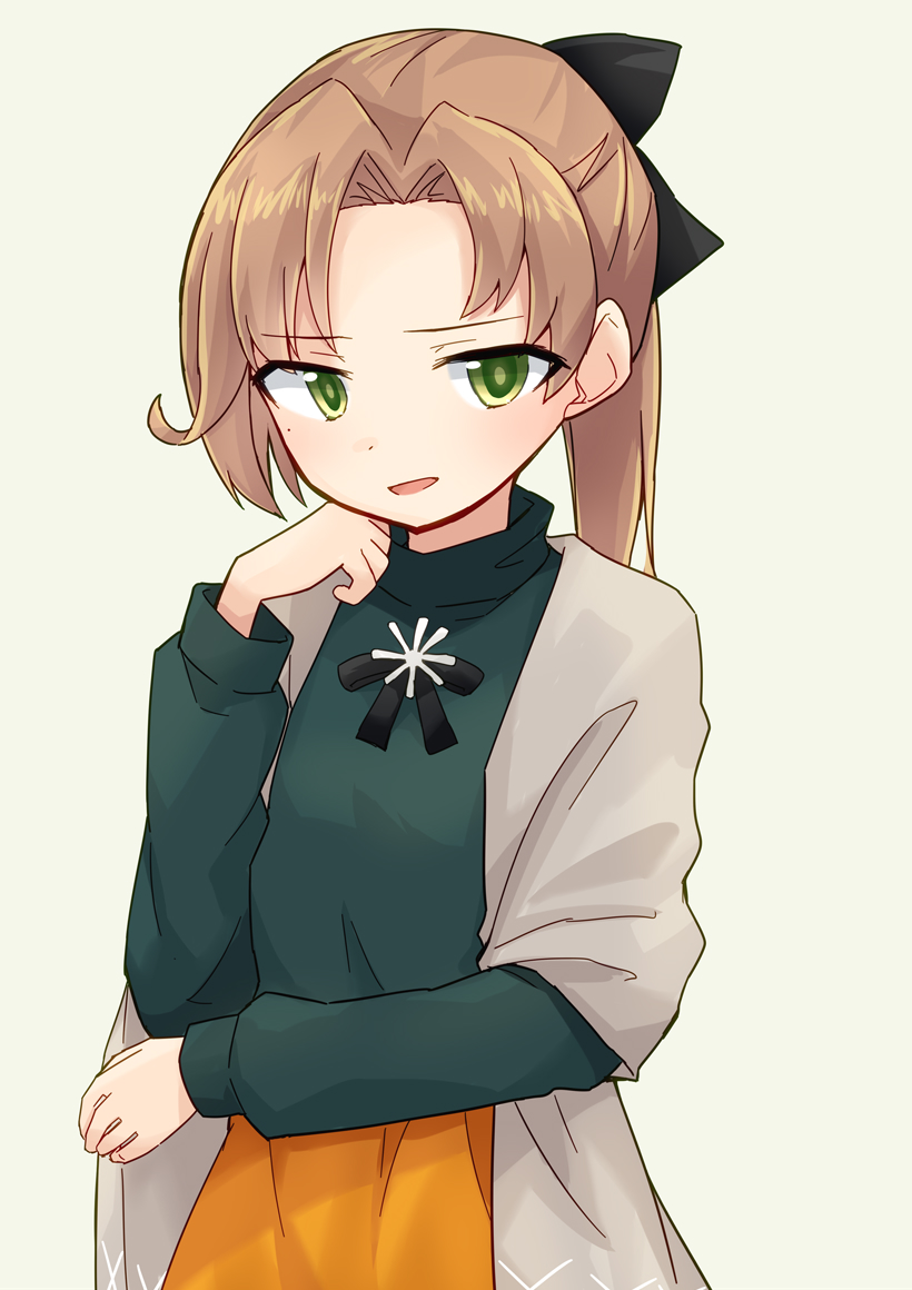 1girl, akigumo_(comiket_mode)_(kancolle), akigumo_(kancolle), brown_hair, green_eyes, green_sweater, grey_shawl, kakizaki_(chou_neji)