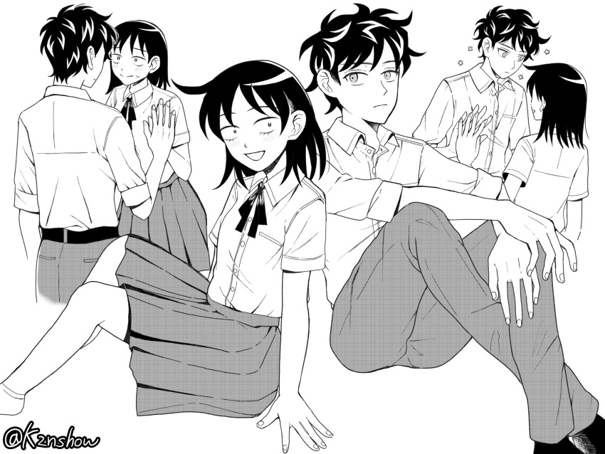 1boy, 1girl, :d, :|, ahoge, back, belt, bien_(k2nshow)