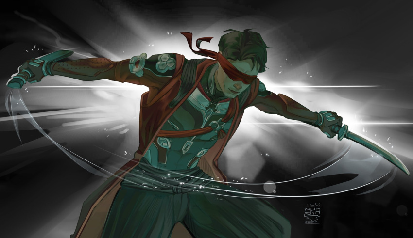 1boy, artist_logo, belt, black_gloves, black_hair, black_pants, blindfold, chest_belt