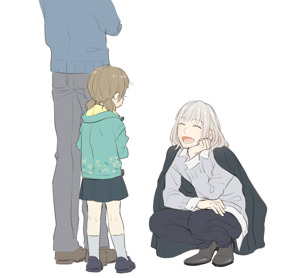 1girl, 2boys, aqua_jacket, blue_sweater, brown_hair, child, closed_eyes, commentary_request, crossed_arms, fate/grand_order, fate_(series), grey_hair, grey_socks, grey_sweater, hans_christian_andersen_(adult)_(fate), hans_christian_andersen_(fate), jacket, jacket_on_shoulders, low_twintails, miniskirt, multiple_boys, oberon_(fate), open_mouth, original, pleated_skirt, shibakou, skirt, smile, socks, squatting, sweater, twintails