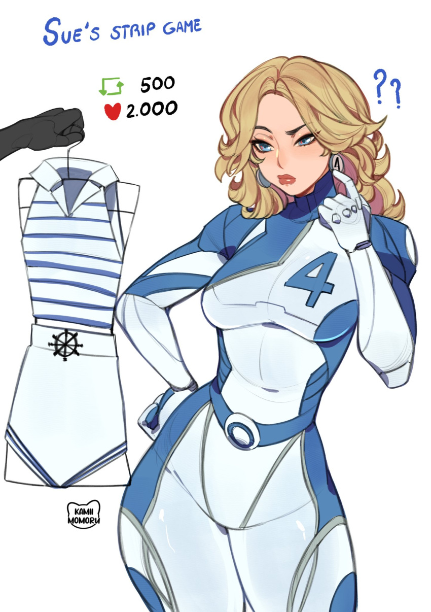 1girl, blonde_hair, blue_bodysuit, blue_eyes, bodysuit, breasts, earrings, fantastic_four