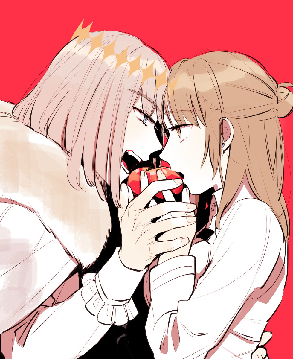 1boy, 1girl, apple, blue_eyes, breasts, brown_eyes, brown_hair, cape