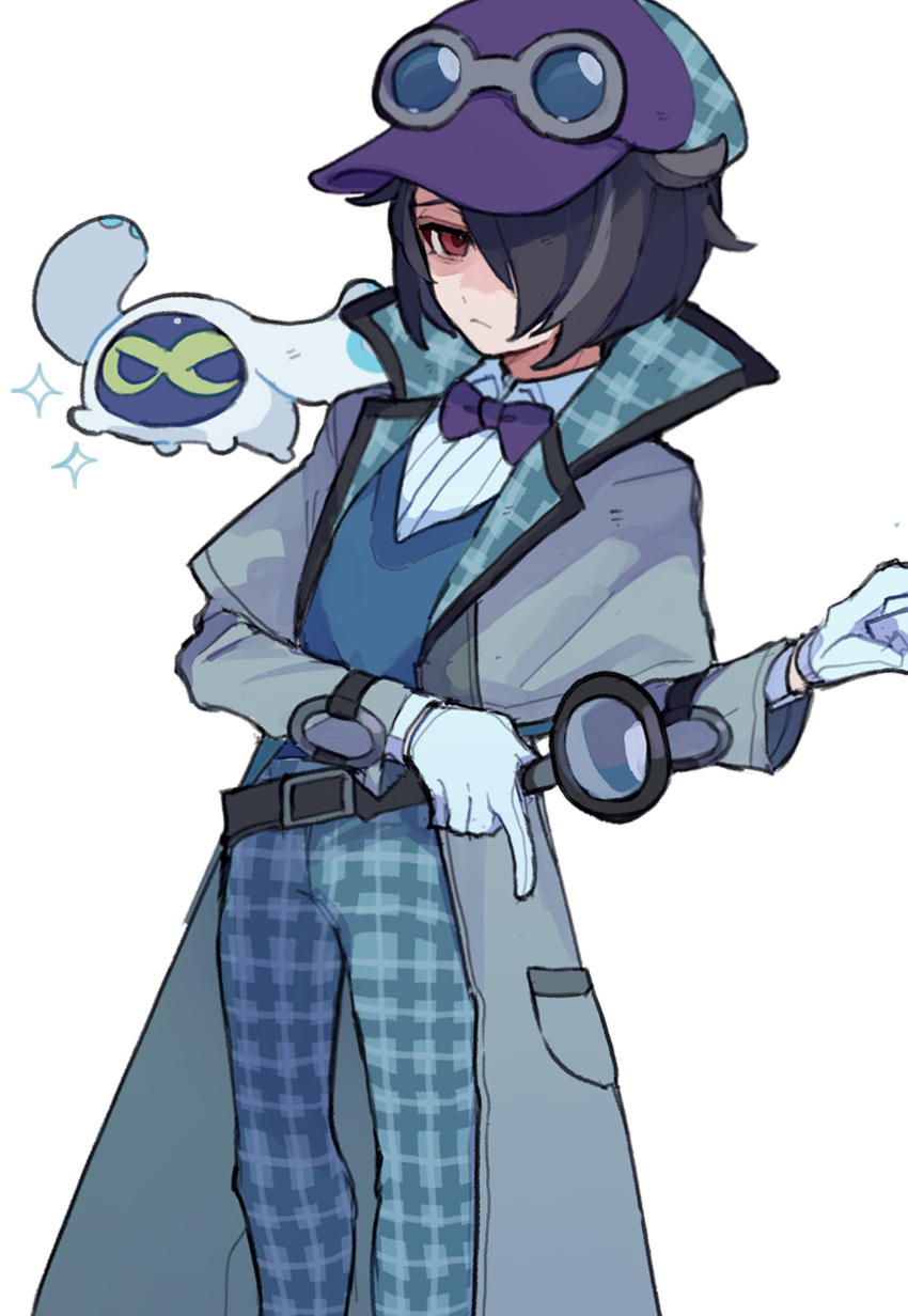1boy, belt, black_belt, black_hair, blue_hat, blue_pants, blue_sweater_vest, bow