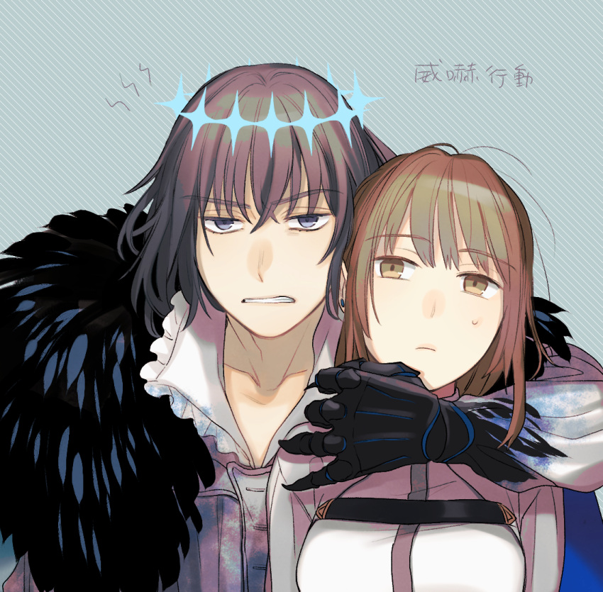 1boy, 1girl, breasts, brown_eyes, brown_hair, chaldea_uniform, claws, clenched_teeth, commentary_request, crown, diagonal-striped_background, fate/grand_order, fate_(series), frown, fur_trim, grey_eyes, grey_hair, medium_breasts, oberon_(fate), oberon_(third_ascension)_(fate), oc_x_canon, original, shibakou, striped_background, teeth, translation_request
