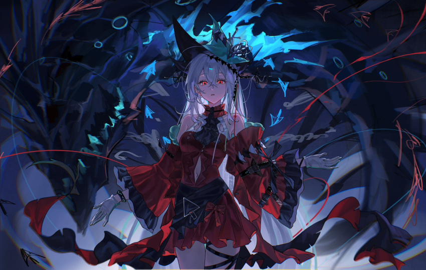 1girl, angelfish, aqua_gloves, aqua_hat, arknights, ascot, bare_shoulders, black_ascot, breasts, clothing_cutout, cowboy_shot, detached_sleeves, dress, fish, gloves, glowing, glowing_eyes, hair_between_eyes, hair_ornament, hannhi_1005, hat, highres, infection_monitor_(arknights), leg_ribbon, long_hair, long_sleeves, looking_at_viewer, medium_breasts, navel_cutout, off-shoulder_dress, off_shoulder, official_alternate_costume, outstretched_arms, parted_lips, pointy_hat, red_dress, red_eyes, red_sleeves, ribbon, skadi's_seaborn_(arknights), skadi_(arknights), skadi_the_corrupting_heart_(arknights), solo, tropical_fish, very_long_hair, white_hair