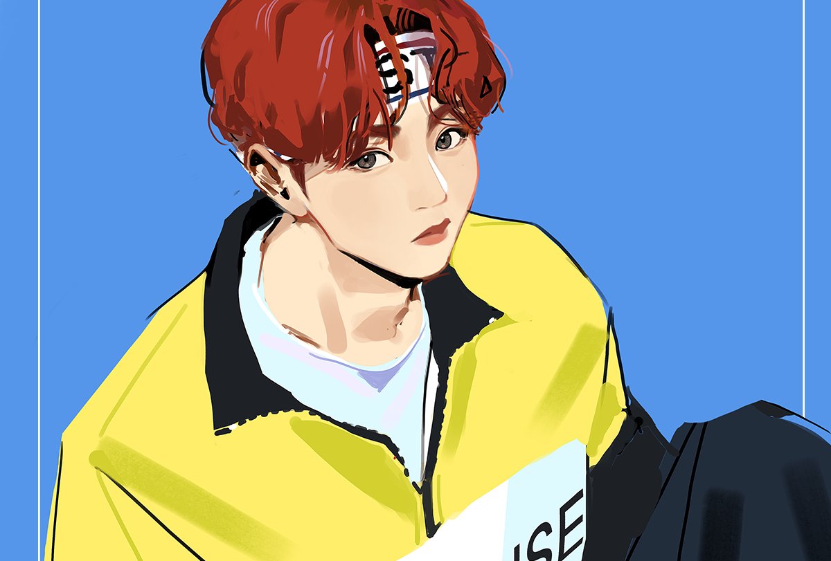 1boy, blue_background, close-up, closed_mouth, commentary, english_commentary, hairband, headband, k-pop, male_focus, real_life, red_hair, seungkwan, seventeen_(group), shirt, simple_background, solo, tropicald2019, white_shirt