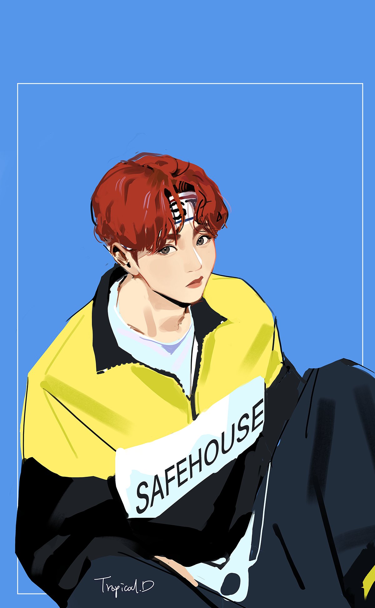 1boy, blue_background, brown_eyes, closed_mouth, commentary, headband, highres, k-pop, looking_at_viewer, male_focus, real_life, red_hair, seungkwan, seventeen_(group), shirt, short_hair, simple_background, sitting, solo, tropicald2019, white_shirt
