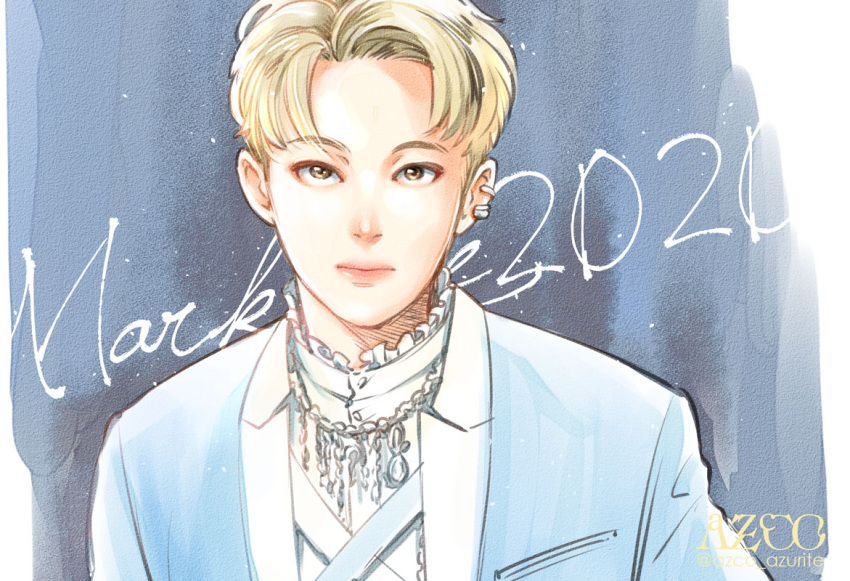 1boy, 2020, artist_name_(singer), azco_azconia, blonde_hair, blue_jacket, closed_mouth, commentary_request