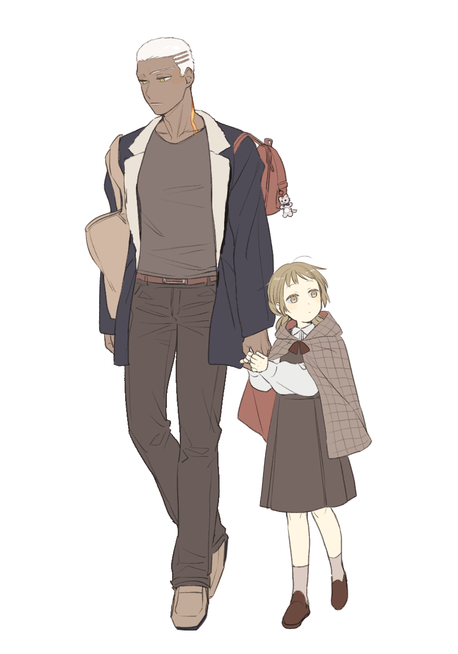 1boy, 1girl, backpack, bag, black_jacket, brown_coat, brown_eyes, brown_hair