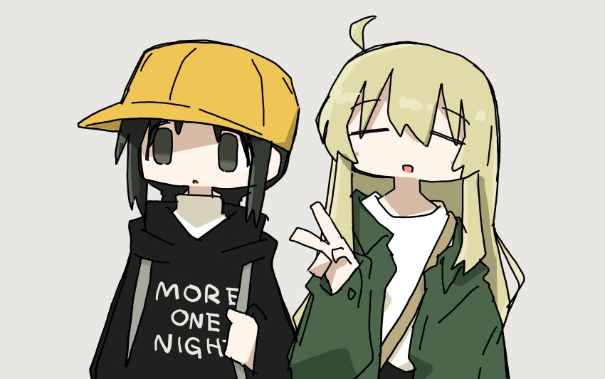 2girls, absurdres, ahoge, black_eyes, black_hair, black_hoodie, blonde_hair, chito_(shoujo_shuumatsu_ryokou), closed_eyes, clothes_writing, drawstring, green_jacket, grey_background, hand_up, hat, highres, hood, hood_down, hoodie, jacket, long_sleeves, multiple_girls, open_clothes, open_jacket, open_mouth, shirt, shoujo_shuumatsu_ryokou, simple_background, tokiwa_(914), upper_body, v, white_shirt, yellow_hat, yuuri_(shoujo_shuumatsu_ryokou)