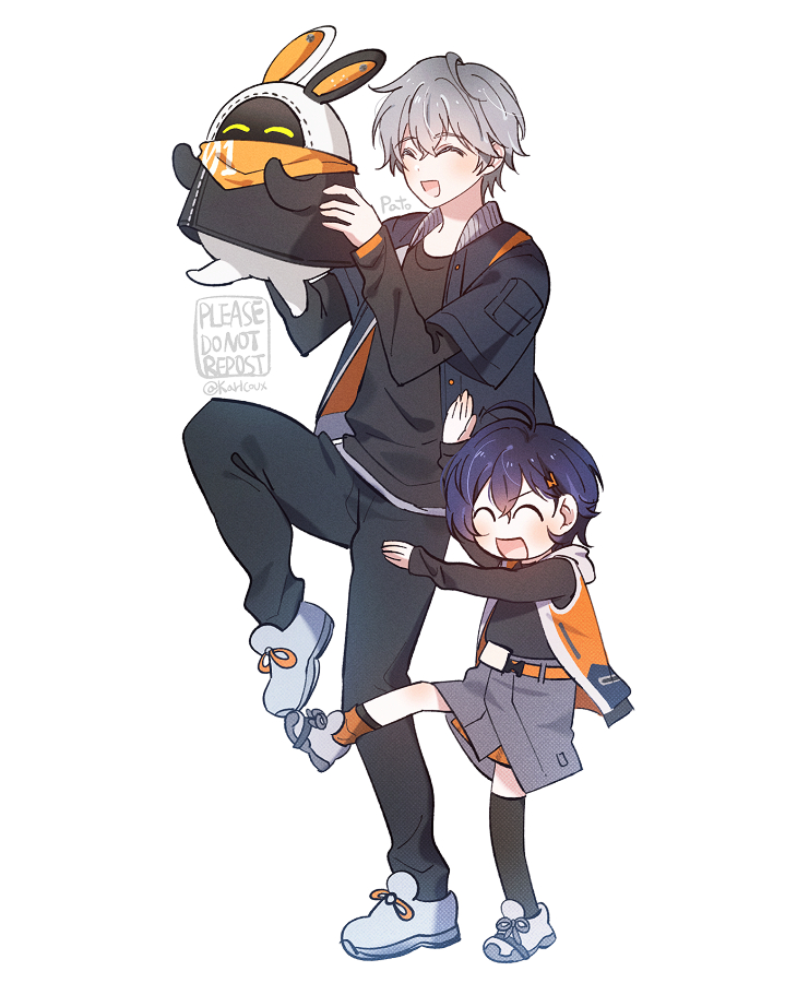 1boy, 1girl, 1other, ^_^, artist_name, bangboo_(zenless_zone_zero), belle_(zenless_zone_zero), black_jacket, black_pants, black_shirt, black_thighhighs, blue_hair, blue_jacket, brother_and_sister, closed_eyes, crossed_bangs, eous_(zenless_zone_zero), grey_hair, grey_skirt, happy, hood, hooded_jacket, jacket, karlcoux, korean_commentary, open_mouth, orange_scarf, pants, scarf, shirt, shoes, siblings, simple_background, single_thighhigh, skirt, smile, thigh-highs, twitter_username, white_background, white_footwear, wise_(zenless_zone_zero), zenless_zone_zero