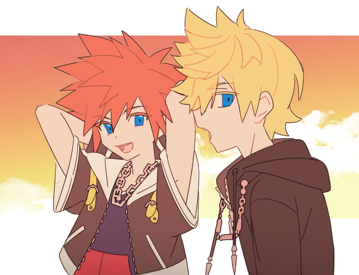 2boys, arms_behind_back, black_coat, black_coat_(kingdom_hearts), black_gloves, black_jacket, blonde_hair, blue_eyes