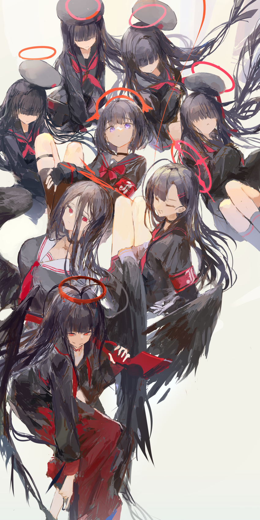 6+girls, absurdres, beret, black_choker, black_hair, black_hat, black_serafuku, black_wings