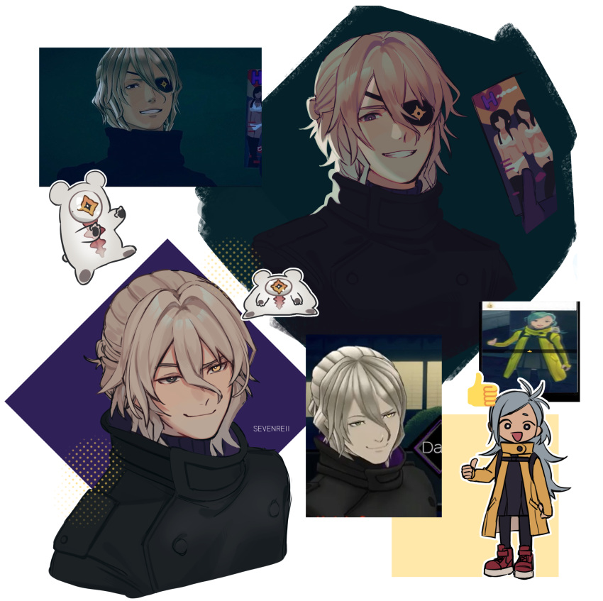 1boy, 1girl, 1other, :d, absurdres, ai_the_somnium_files, ai_the_somnium_files:_nirvana_initiative, aiba_(ai_the_somnium_files), artist_name, black_dress, black_jacket, black_leggings, blonde_hair, blue_hair, brown_eyes, closed_mouth, date_kaname, dress, emoji, eyepatch, full_body, grin, heterochromia, high_collar, highres, holding, holding_magazine, jacket, leggings, long_hair, magazine_(object), nanarei7, okiura_mizuki, one-eyed, open_clothes, open_jacket, open_mouth, outline, portrait, red_footwear, reference_inset, shoes, short_hair, smile, smug, teeth, thumbs_up, thumbs_up_emoji, upper_body, white_background, white_hair, white_outline, yellow_eyes, yellow_jacket