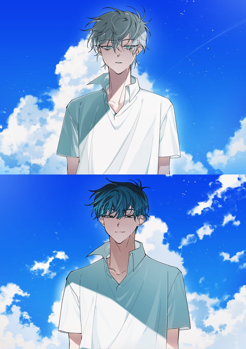 2boys, alien_stage, aqua_eyes, black_eyes, black_hair, blue_sky, clouds, cloudy_sky