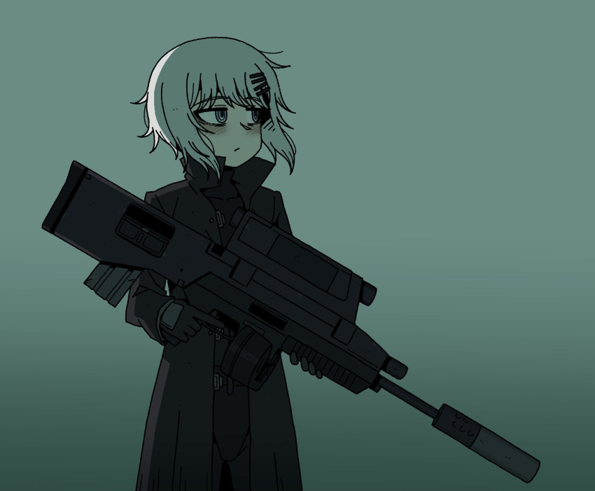 1girl, aqua_background, aqua_eyes, bags_under_eyes, black_bodysuit, black_coat, blush, bodysuit, coat, cowboy_shot, drum_magazine, english_commentary, exhausted, floating_hair, gradient_background, gun, hair_ornament, hairclip, holding, holding_gun, holding_weapon, jaggy_lines, karepack, looking_ahead, magazine_(weapon), marie_(peripeteia), open_clothes, open_coat, peripeteia, rifle, short_hair, sidelighting, sidelocks, solo, standing, suppressor, trench_coat, weapon, white_hair