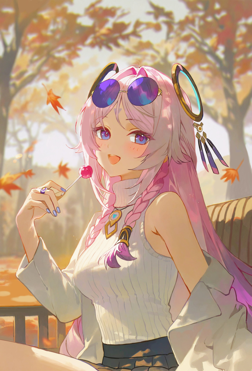1girl, absurdres, alternate_costume, ao_(ao_alice22), autumn, autumn_leaves, bench, black_skirt, blue-tinted_eyewear, blue_eyes, blue_nails, blush, braid, breasts, candy, citlali_(genshin_impact), commentary, contemporary, cowboy_shot, day, eyewear_on_head, facial_mark, falling_leaves, floating_hair_ornament, food, forehead_mark, from_side, genshin_impact, gradient_hair, hair_intakes, highres, holding, holding_candy, holding_food, holding_lollipop, jacket, jewelry, leaf, lollipop, long_hair, looking_at_viewer, medium_breasts, miniskirt, multicolored_hair, nail_polish, necklace, open_clothes, open_jacket, open_mouth, outdoors, parted_bangs, pink_hair, pleated_skirt, purple_hair, ribbed_sweater, ring, ring_hair_ornament, round_eyewear, side_braids, single_off_shoulder, skirt, sleeveless, sleeveless_sweater, sleeveless_turtleneck, smile, solo, sunglasses, sweater, sweater_tucked_in, tinted_eyewear, tree, triangle, triangle_facial_mark, turtleneck, turtleneck_sweater, twin_braids, two-tone_hair, white_jacket