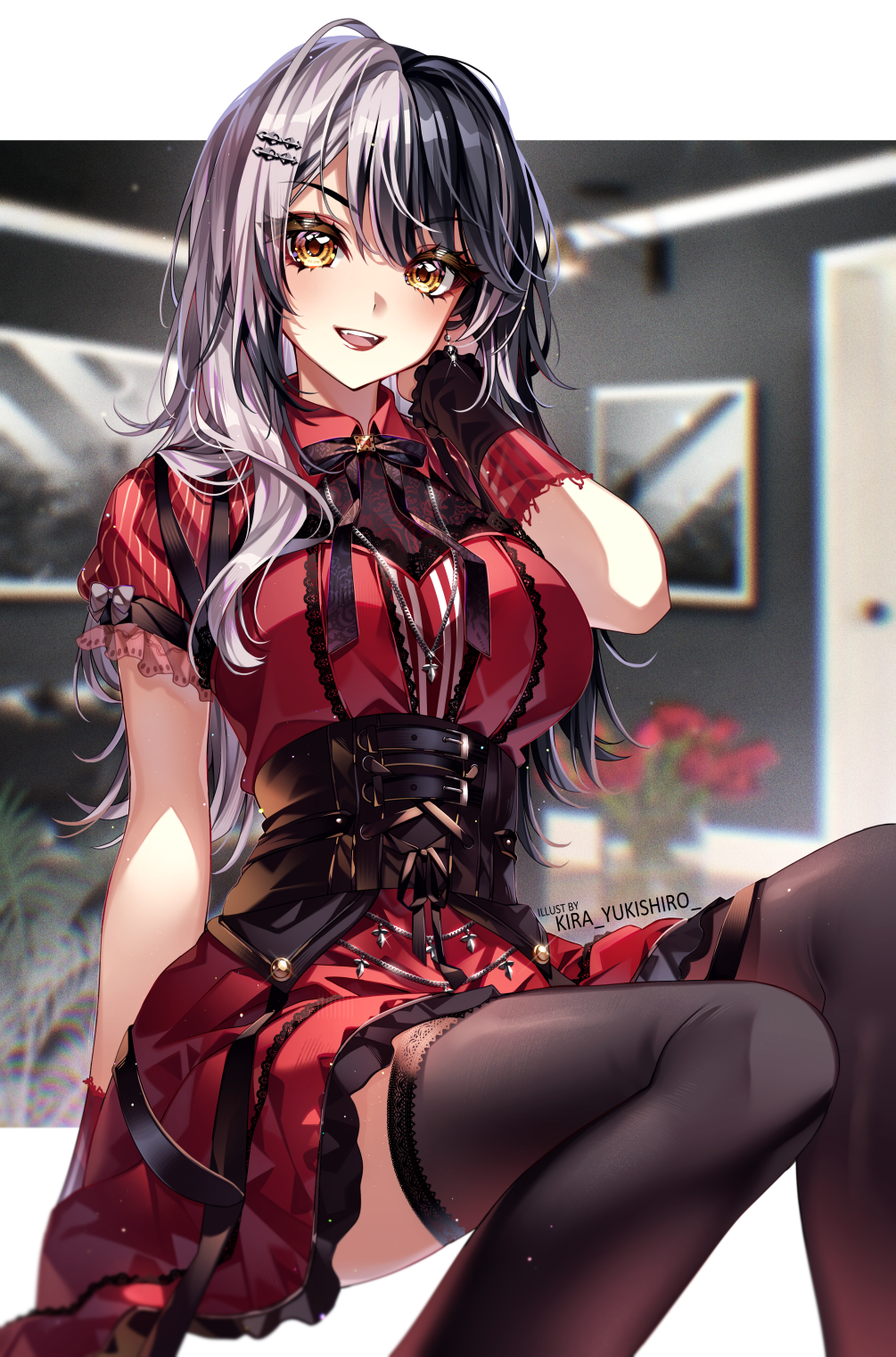 1girl, arm_support, black_corset, black_hair, black_ribbon, black_thighhighs, corset, dress
