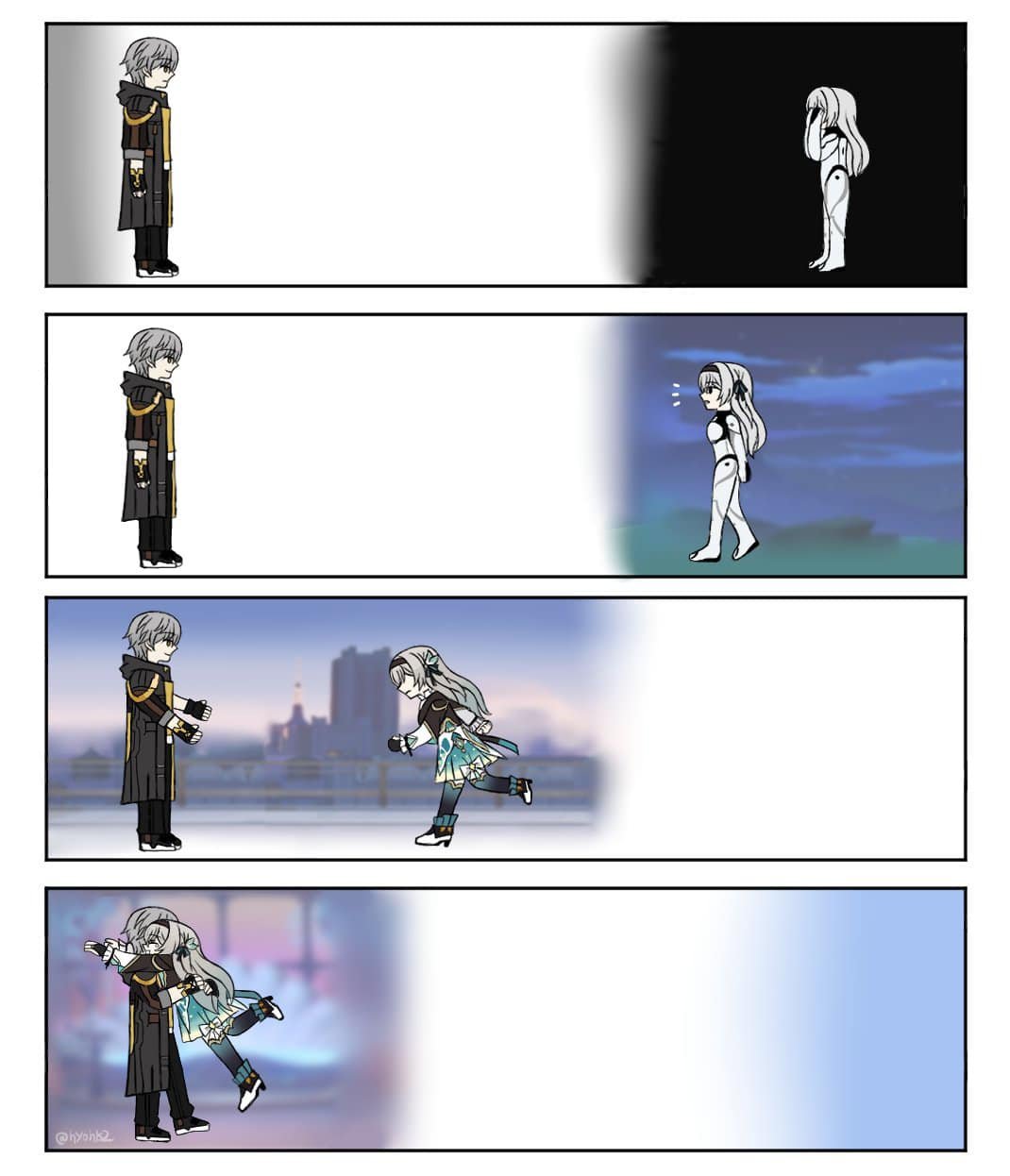 1boy, 1girl, 4koma, black_border, caelus_(honkai:_star_rail), covering_own_eyes, firefly_(ar-26710)_(honkai:_star_rail), firefly_(honkai:_star_rail)