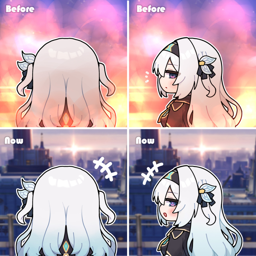 black_hairband, black_jacket, cityscape, cropped_jacket, empty_eyes, fire, firefly_(honkai:_star_rail), grey_hair