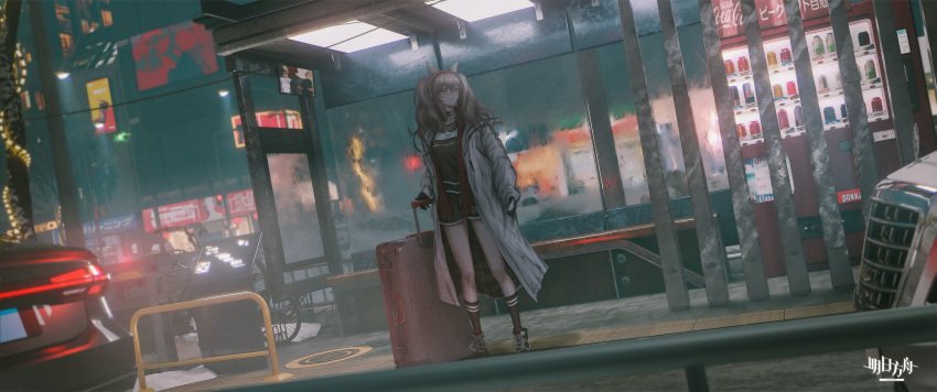 1girl, :|, absurdres, angelina_(arknights), animal_ears, arknights, bag, bicycle, billboard, black_collar, black_footwear, black_gloves, black_shirt, black_socks, bloom, brown_hair, building, bus_stop, can, car, cellphone, chinese_commentary, chromatic_aberration, city, closed_mouth, coat, coca-cola, collar, commentary_request, copyright_name, dot_nose, drink_can, escalator, expressionless, extra_ears, fox_ears, full_body, gloves, guard_rail, hair_between_eyes, hairband, higgs1750_(phaesr), highres, holding, holding_bag, holding_phone, infection_monitor_(arknights), jacket, kneehighs, long_hair, long_sleeves, manhole_cover, monitor, monster_energy, motor_vehicle, night, open_clothes, open_coat, open_jacket, outdoors, phone, power_lines, red_bull, red_eyes, red_hairband, red_jacket, road, scenery, schweppes, shirt, shoelaces, shoes, smartphone, socks, soda_can, solo, standing, street, striped_clothes, striped_hairband, tactile_paving, twintails, two-tone_hairband, unzipped, vending_machine, white_coat, wide_shot