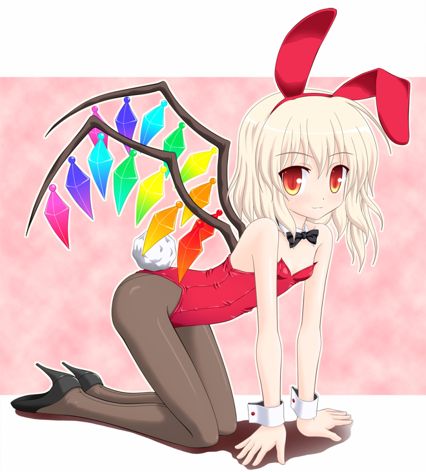 all_fours, animal_ears, black_legwear, black_pantyhose, blonde_hair, blush, bunny_ears, bunny_tail