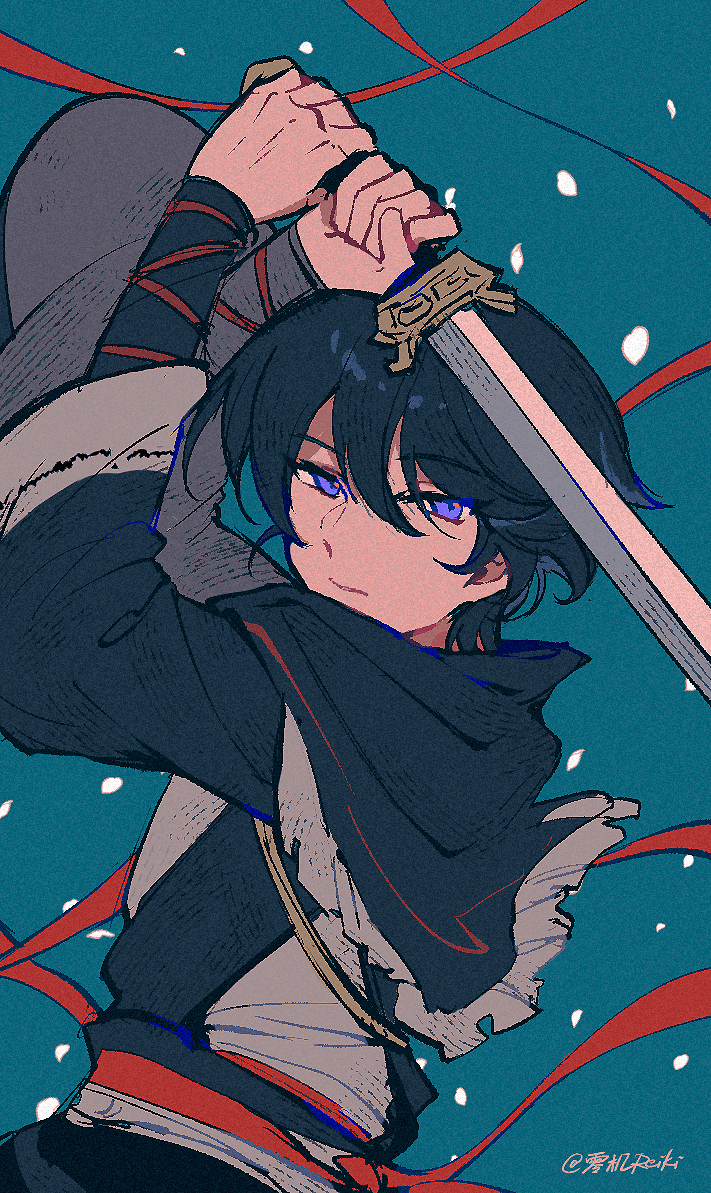 1boy, :|, arms_up, black_hair, blue_background, blue_eyes, closed_mouth, commentary_request