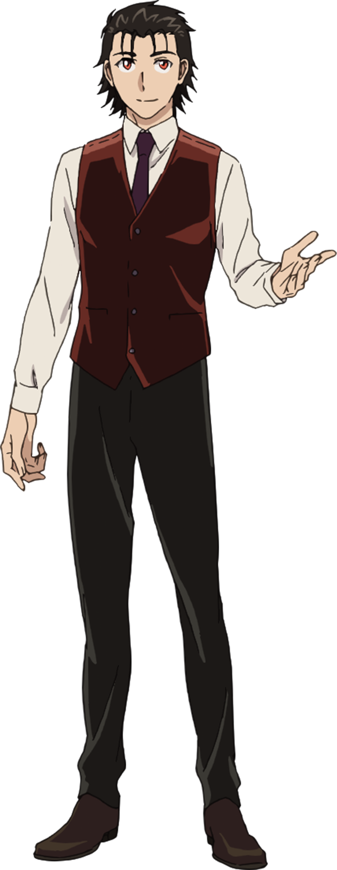 1boy, arm_at_side, bartender, bartender_(series), beckoning, black_hair, black_necktie, black_pants