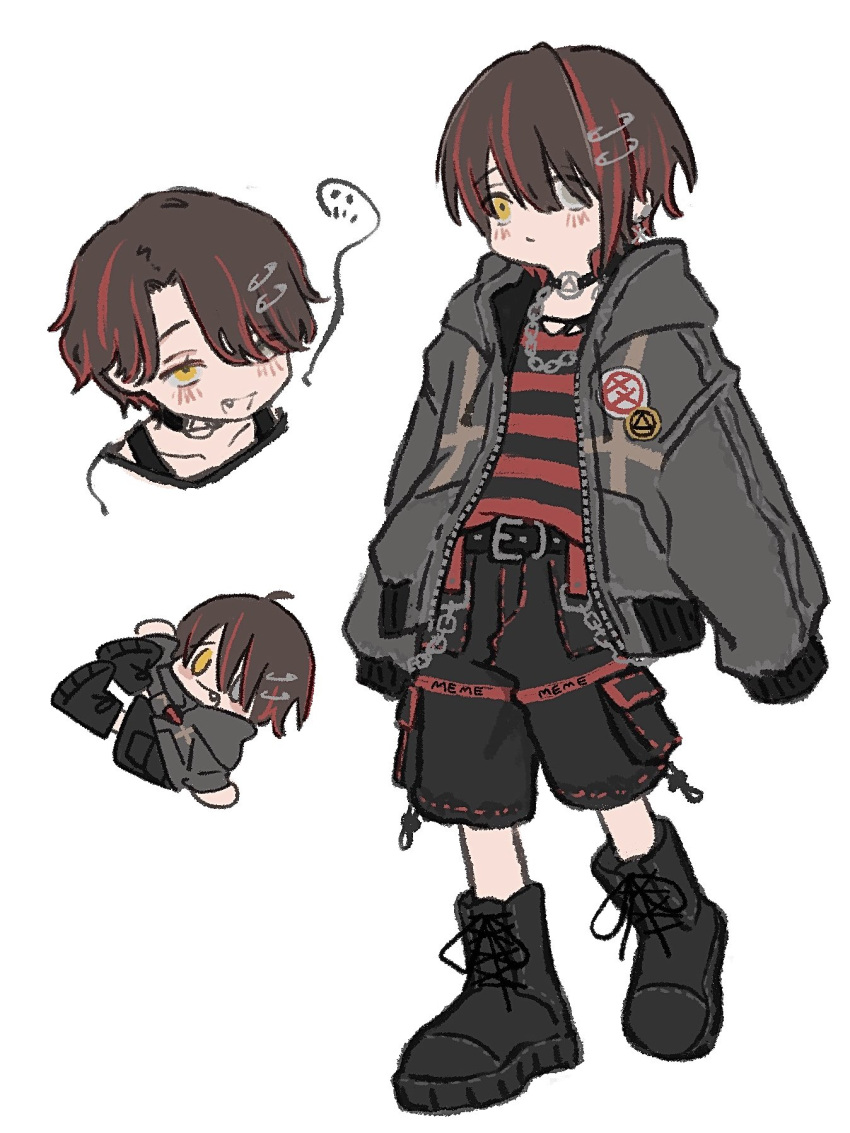 1boy, belt, black_footwear, black_shorts, boots, brown_hair, chain, closed_mouth