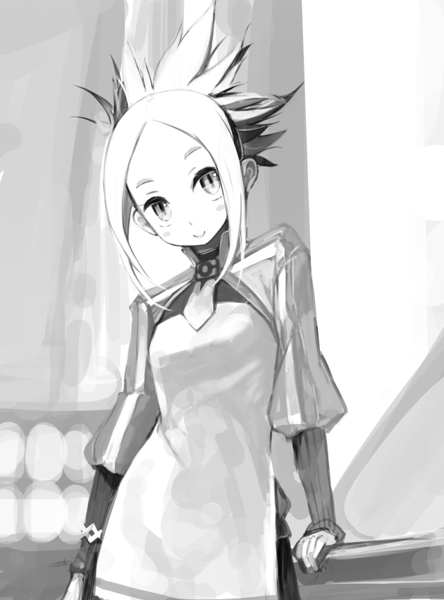 1girl, blush_stickers, closed_mouth, dress, fea_(summon_night), greyscale, looking_at_viewer, monochrome