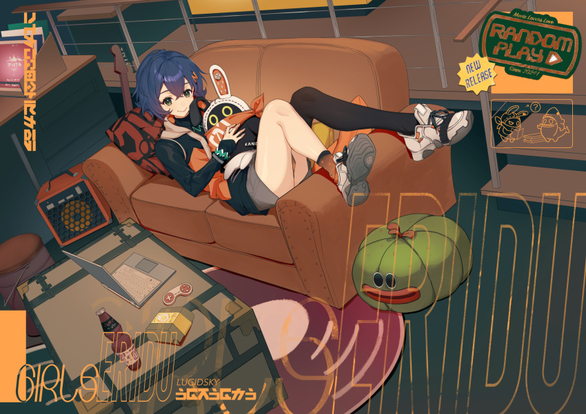 1girl, asymmetrical_legwear, bandana, bangboo_(zenless_zone_zero), belle_(zenless_zone_zero), black_shirt, black_thighhighs, blue_hair