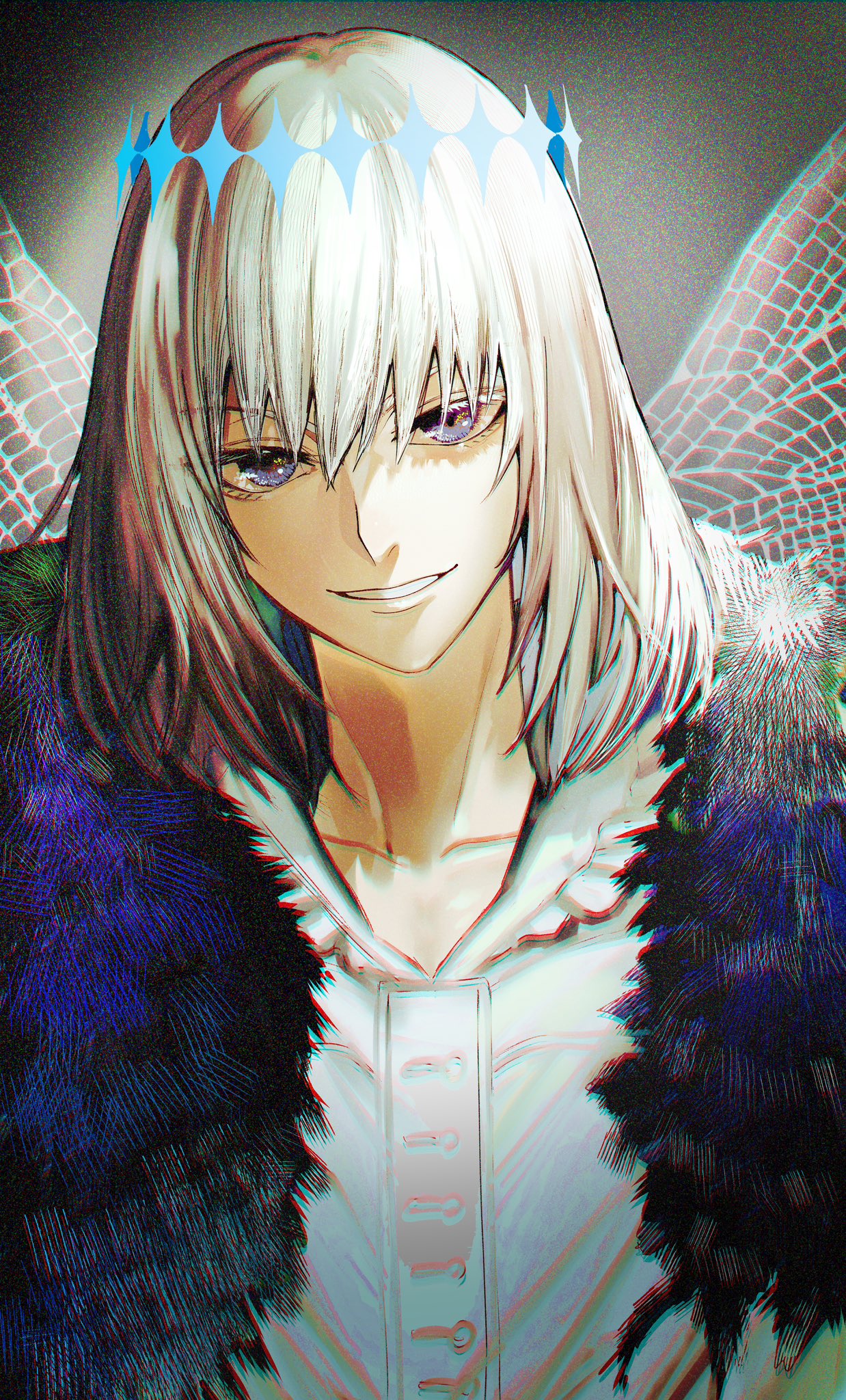 1boy, arthropod_boy, blue_eyes, crown, diamond_hairband, dragonfly_wings, fate/grand_order, fate_(series)