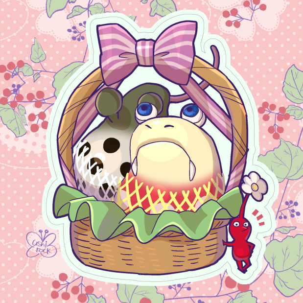 artist_name, basket, berry, black_eyes, blue_eyes, bow, bulborb, colored_skin