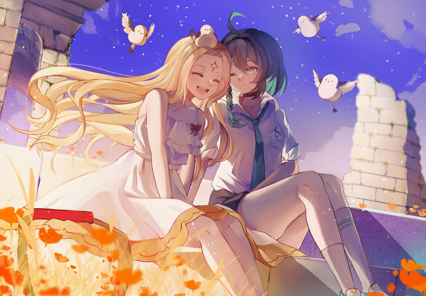 2girls, ahoge, benghuai_xueyuan, bird, black_hair, blonde_hair, blue_sky, braid