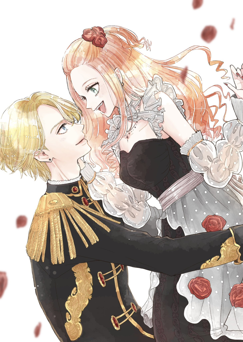 1boy, 1girl, ayaka_futaba, black_dress, black_jacket, blonde_hair, blue_eyes, chocolat_meilleure, commentary_request, detached_sleeves, dress, epaulettes, flower, green_eyes, highres, jacket, long_hair, orange_hair, pierre_tempete_de_neige, profile, red_flower, red_nails, red_rose, rose, simple_background, smile, sugar_sugar_rune, white_background